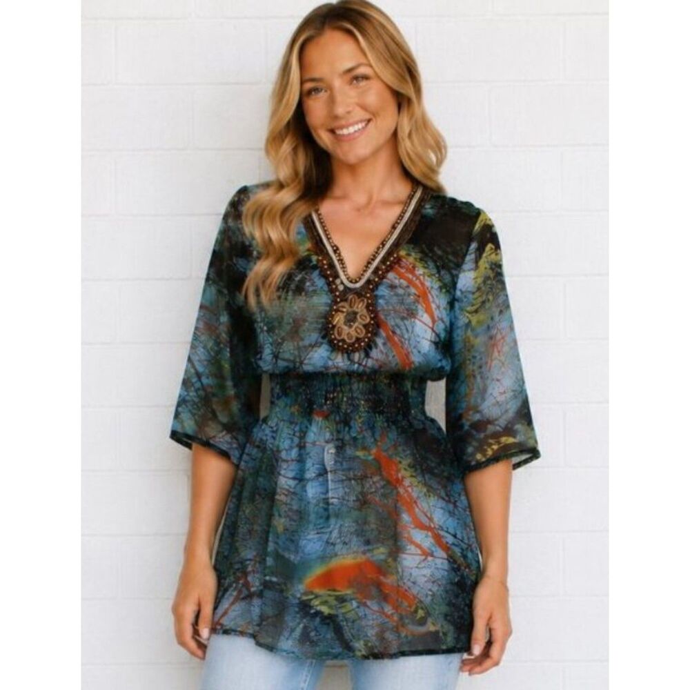 Mushka by Sienna Rose M Boho 8 10 Artistic Colorful Sheer Center Beaded Tunic
